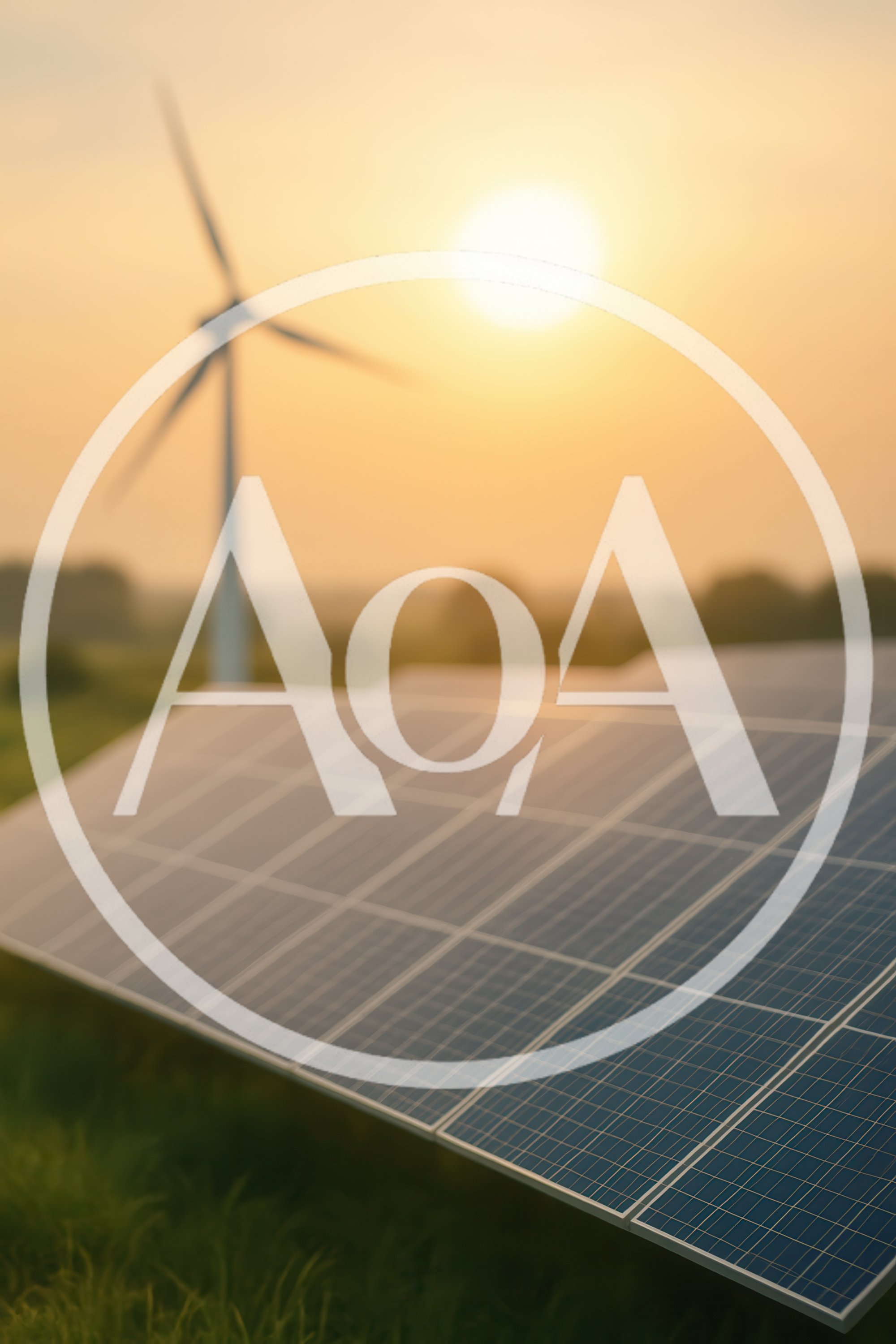 Solar Panels and Wind Turbine at Sunset
