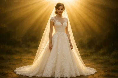 Elegant Bride Standing In Golden Hour Sunlight