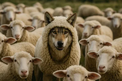 Wolf Disguised As A Sheep In A Flock