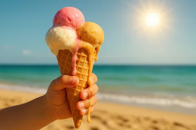 Child Holding Melting Ice Cream Cone On Beach