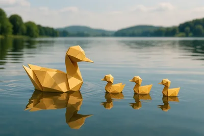 Origami Duck Family Floating On A Calm Lake