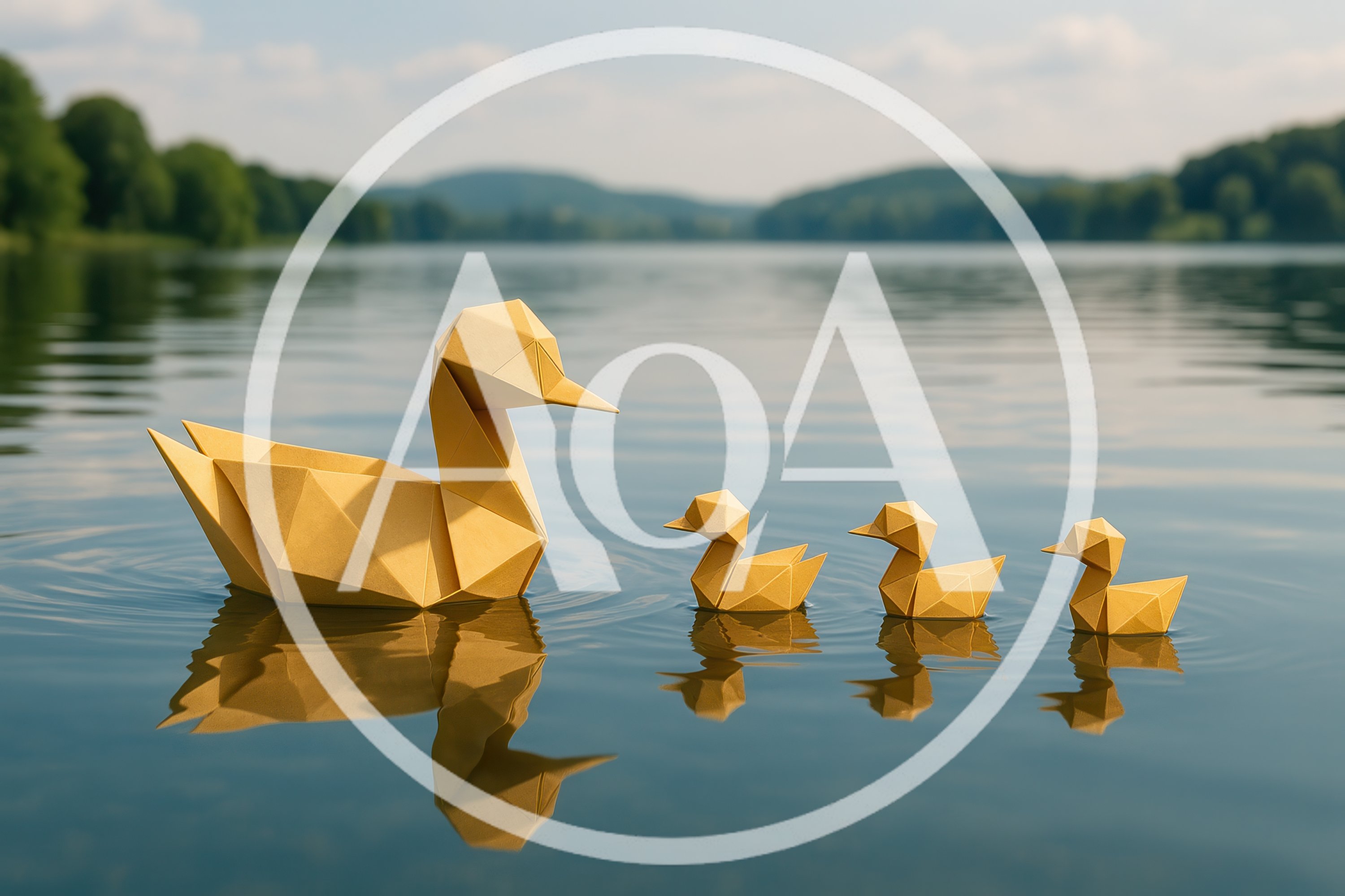 Origami Duck Family Floating On A Calm Lake