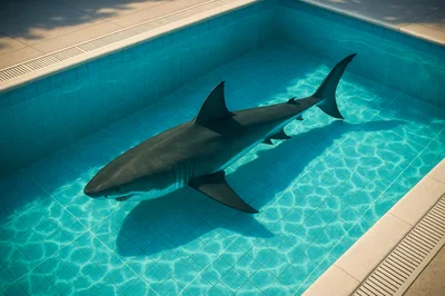 Great White Shark Swimming In A Residential Swimming Pool