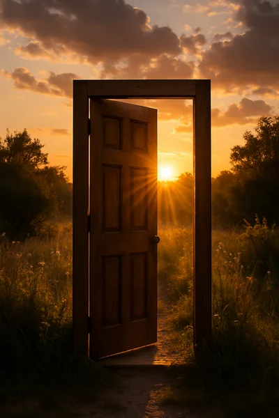 Open Wooden Door Standing In A Golden Sunset Field