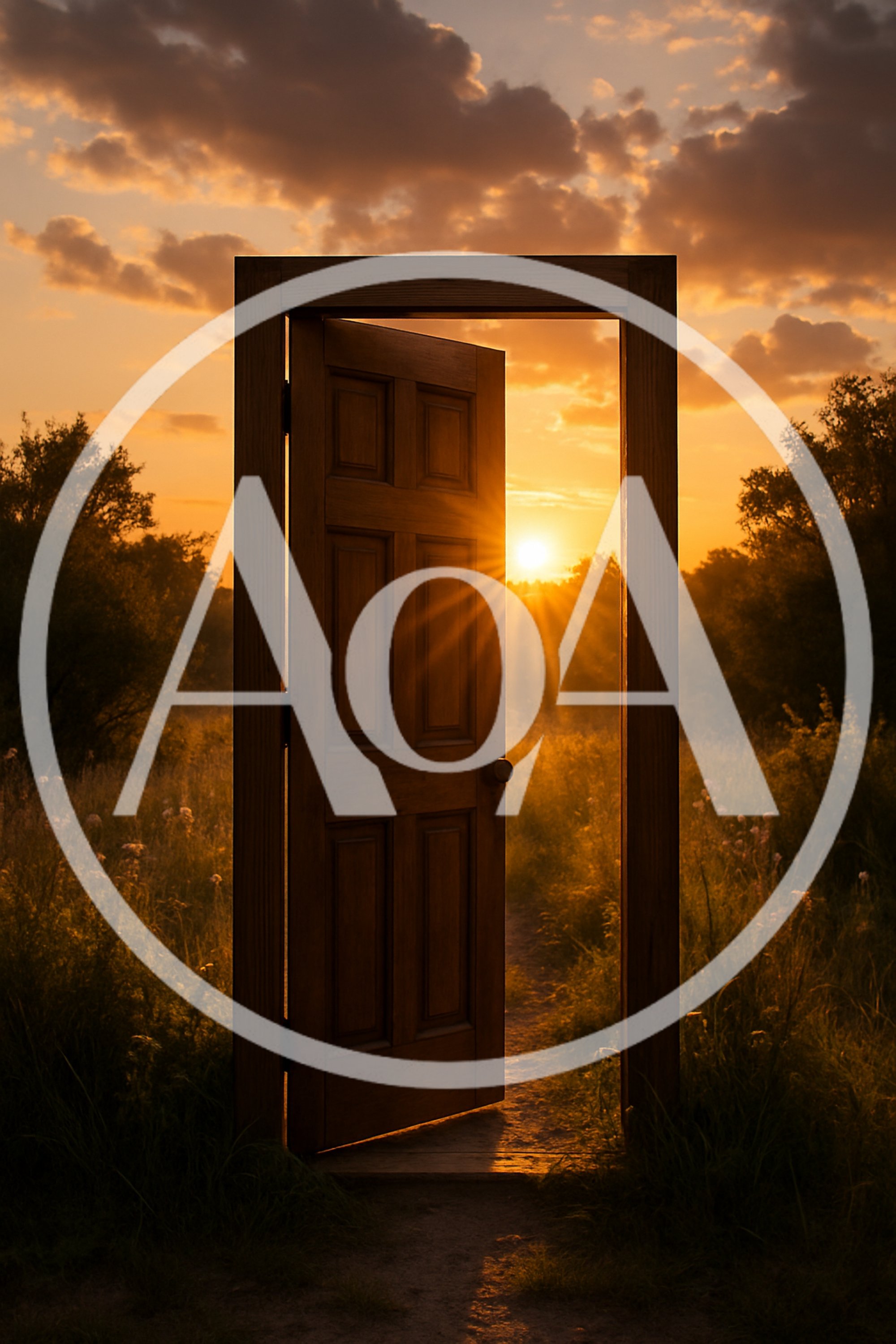Open Wooden Door Standing In A Golden Sunset Field