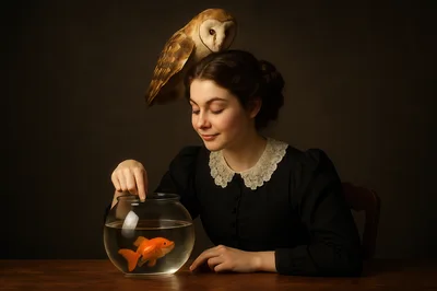 Young Woman With Barn Owl And Goldfish Bowl