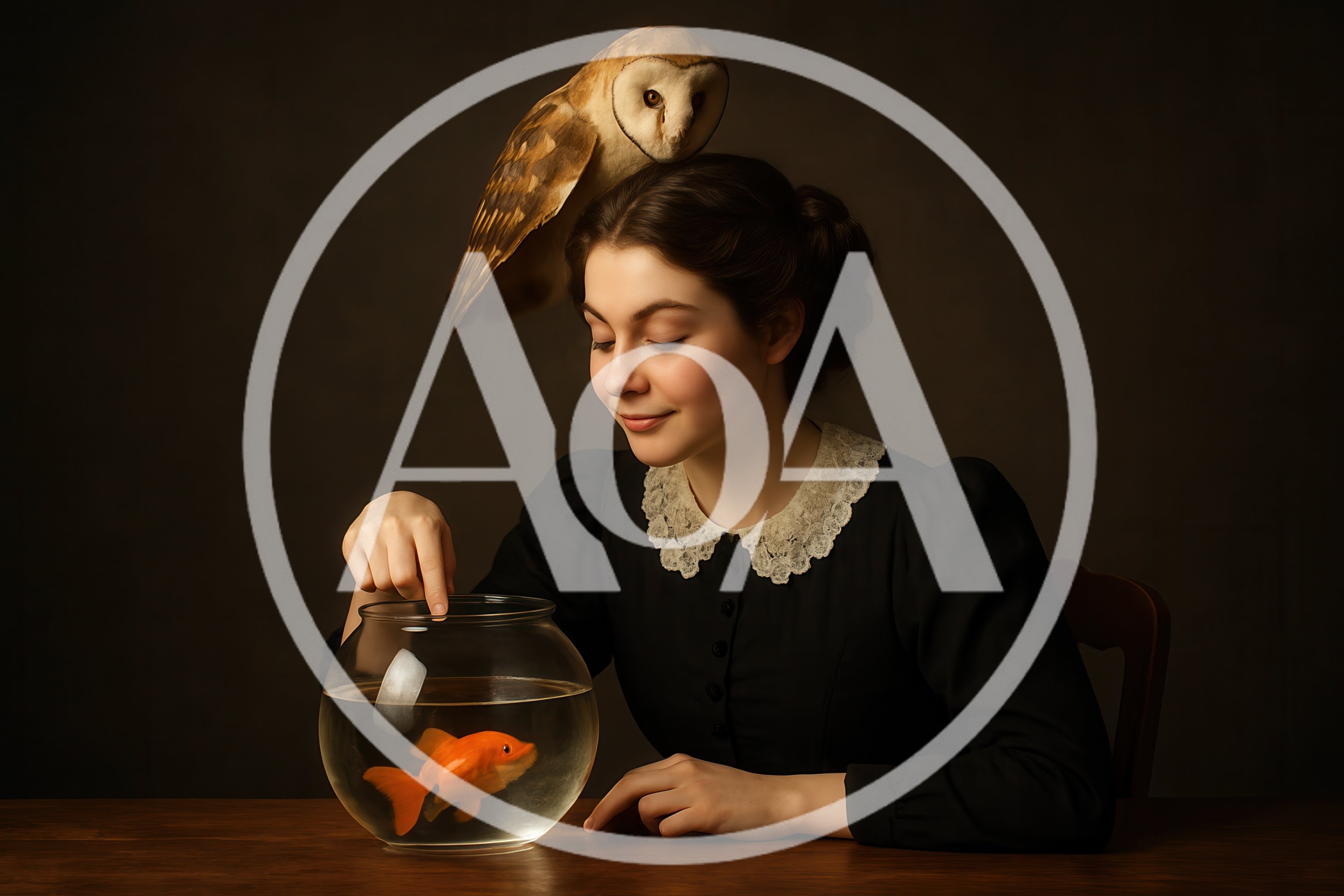 Young Woman With Barn Owl And Goldfish Bowl