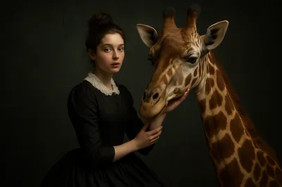 Portrait of a Young Woman With a Giraffe
