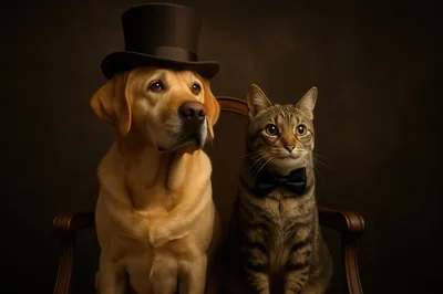Portrait Of A Labrador And Tabby Cat In Formalwear