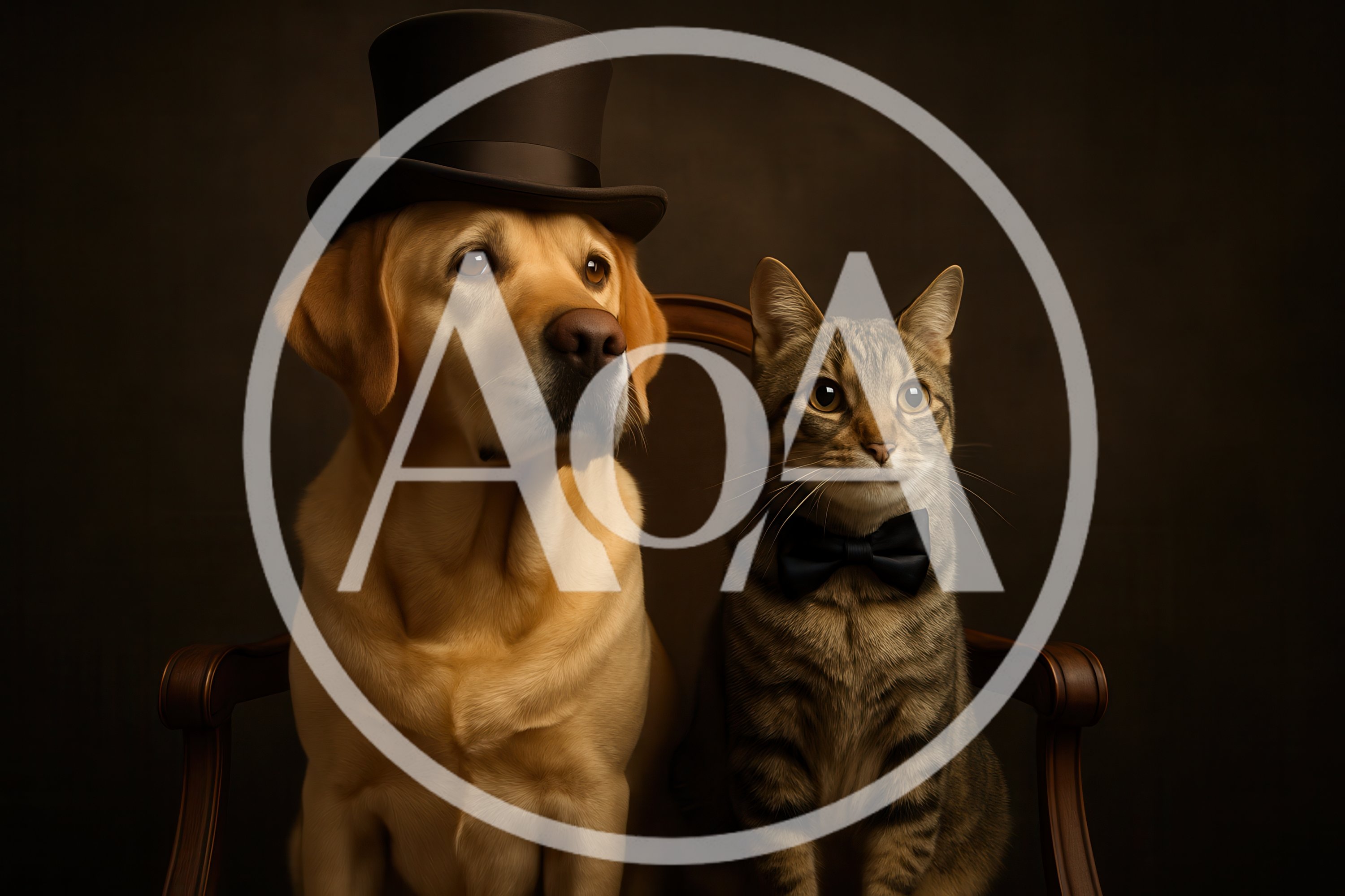 Portrait Of A Labrador And Tabby Cat In Formalwear