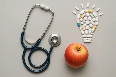 Stethoscope Apple and Light Bulb Made of Pills