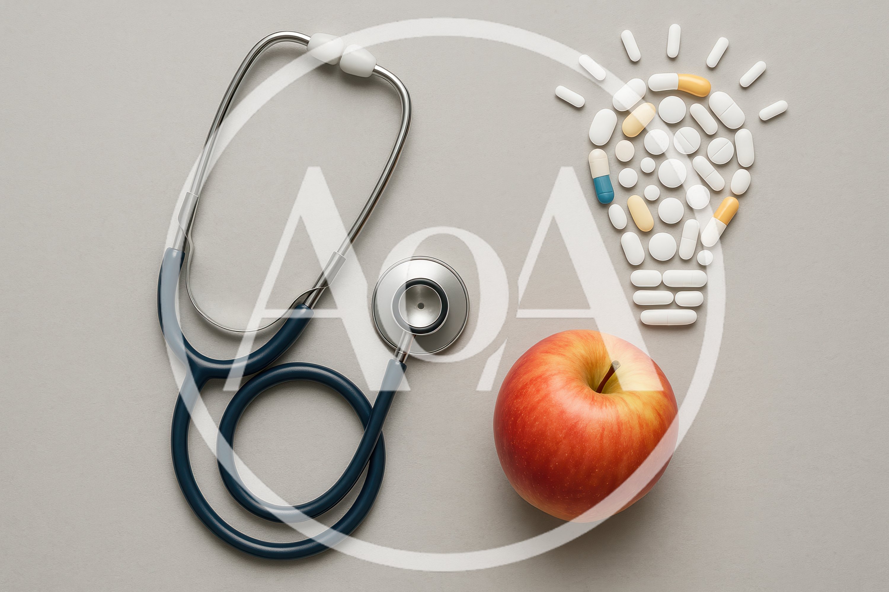 Stethoscope Apple and Light Bulb Made of Pills