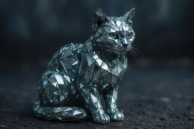 Mirrored Mosaic Cat Sculpture Sitting on Dark Surface
