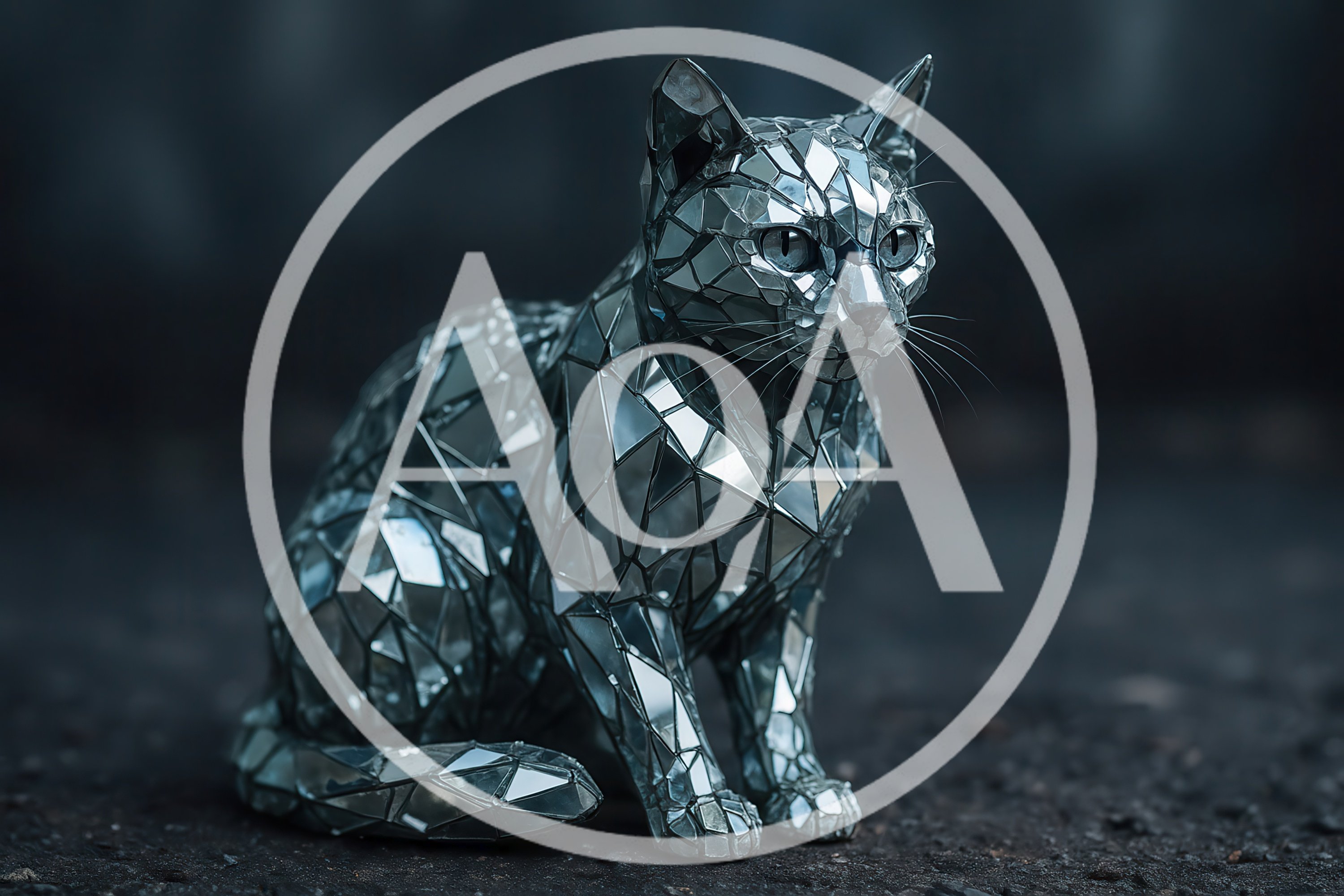 Mirrored Mosaic Cat Sculpture Sitting on Dark Surface