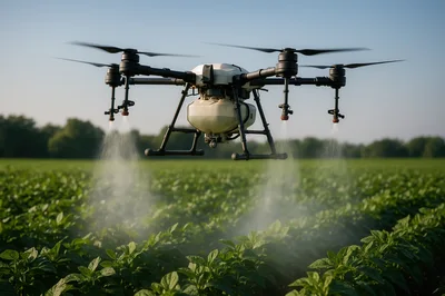 Agricultural Drone Spraying Pesticides Over Soybean Field