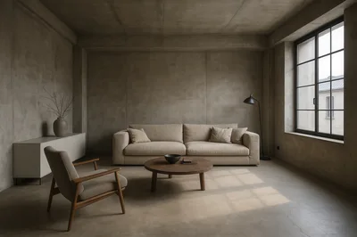 Minimalist Living Room With Concrete Walls And Furniture