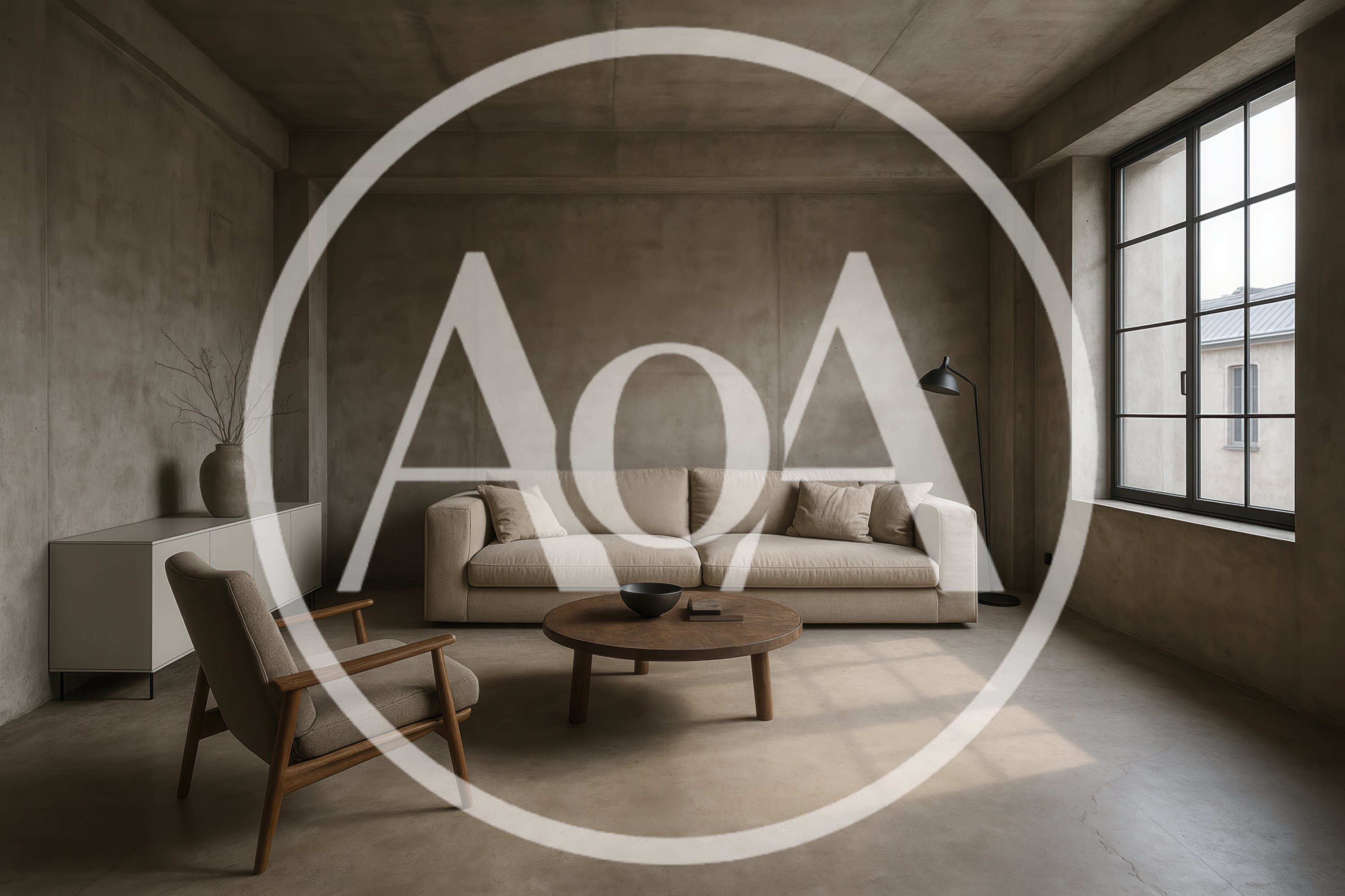 Minimalist Living Room With Concrete Walls And Furniture