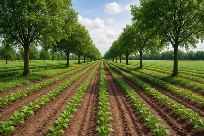Rows Of Young Tobacco Plants In A Tree Lined Field