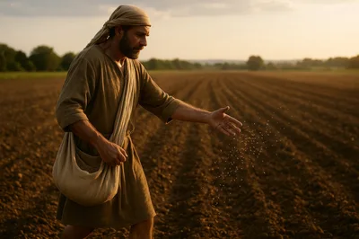 Biblical Farmer Sowing Seeds In A Plowed Field