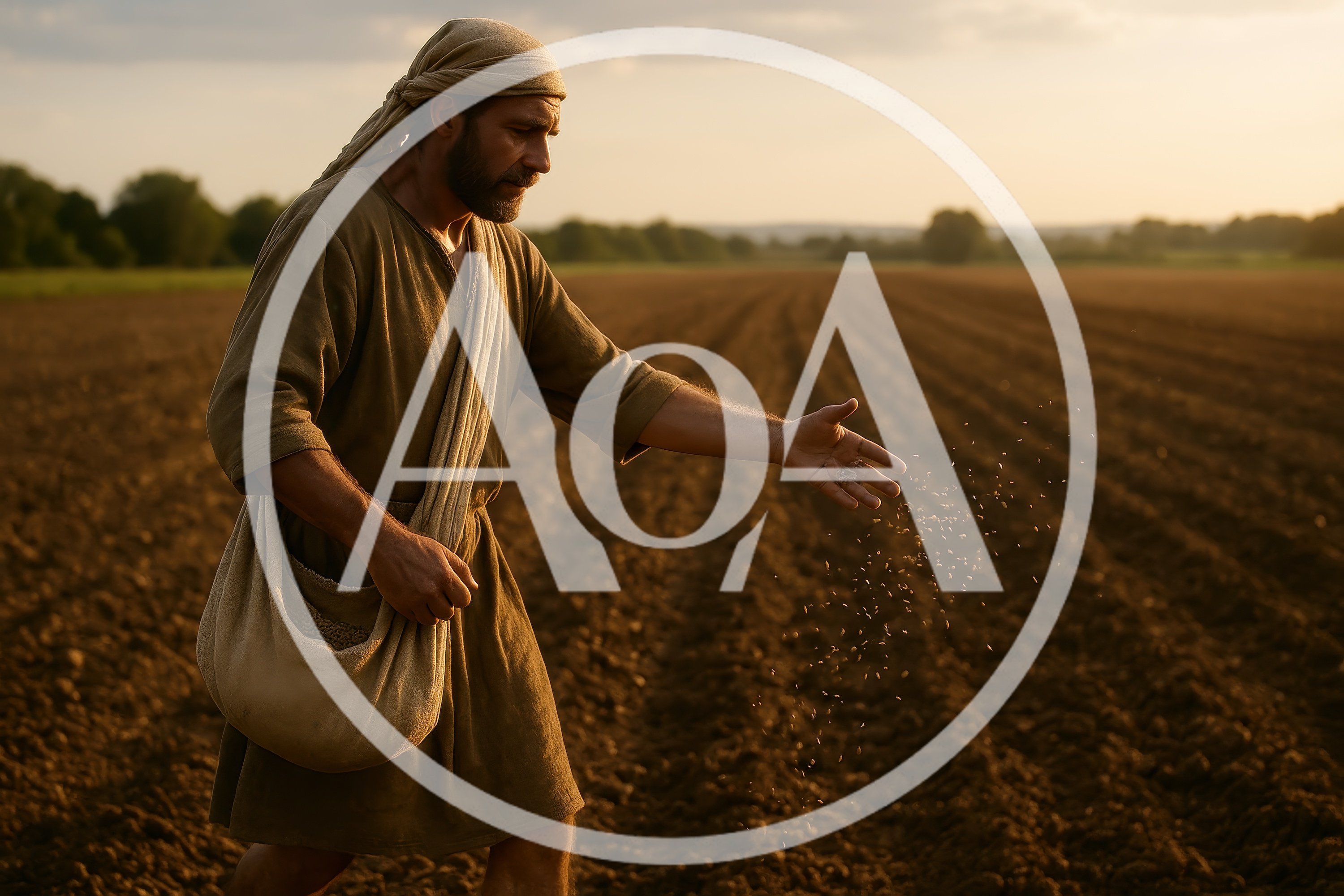 Biblical Farmer Sowing Seeds In A Plowed Field