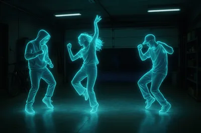 Three Holographic Dancers Performing In A Dark Garage