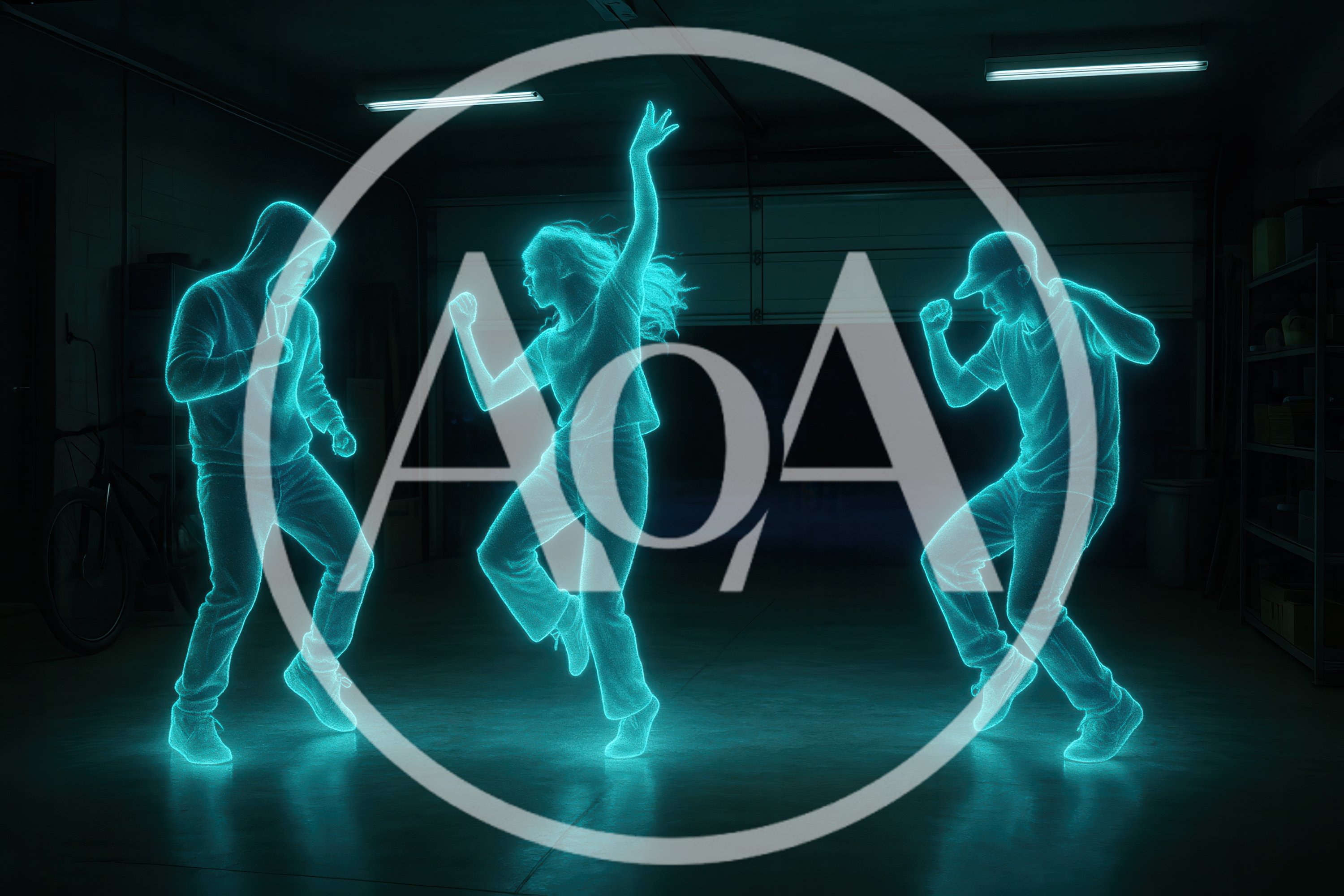 Three Holographic Dancers Performing In A Dark Garage