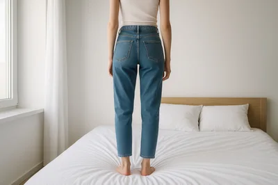 Woman Standing On Bed In Jeans