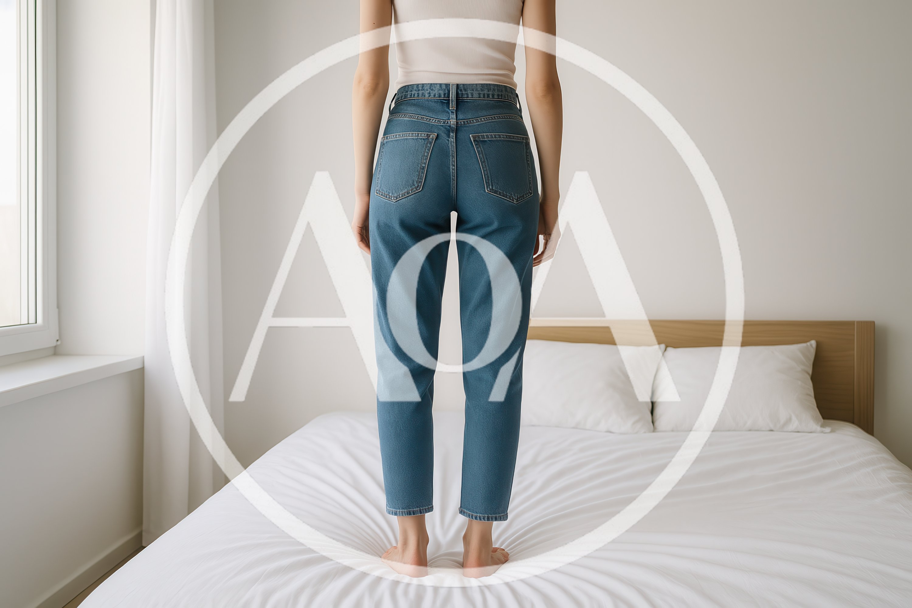 Woman Standing On Bed In Jeans