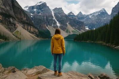 Woman Standing Before Moraine Lake And Mountains