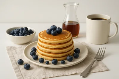 Stack Of Pancakes With Blueberries And Coffee