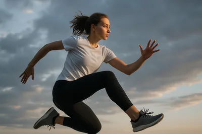 Young Woman Running Outdoors Against Cloudy Sky