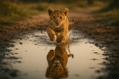 Lion Cub Running Through A Muddy Water Puddle