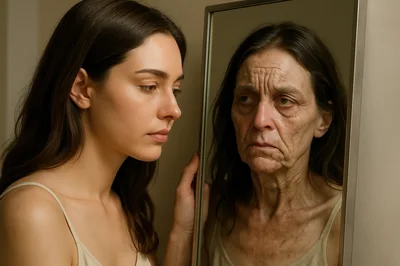 Young Woman Looking At Her Aged Reflection In Mirror
