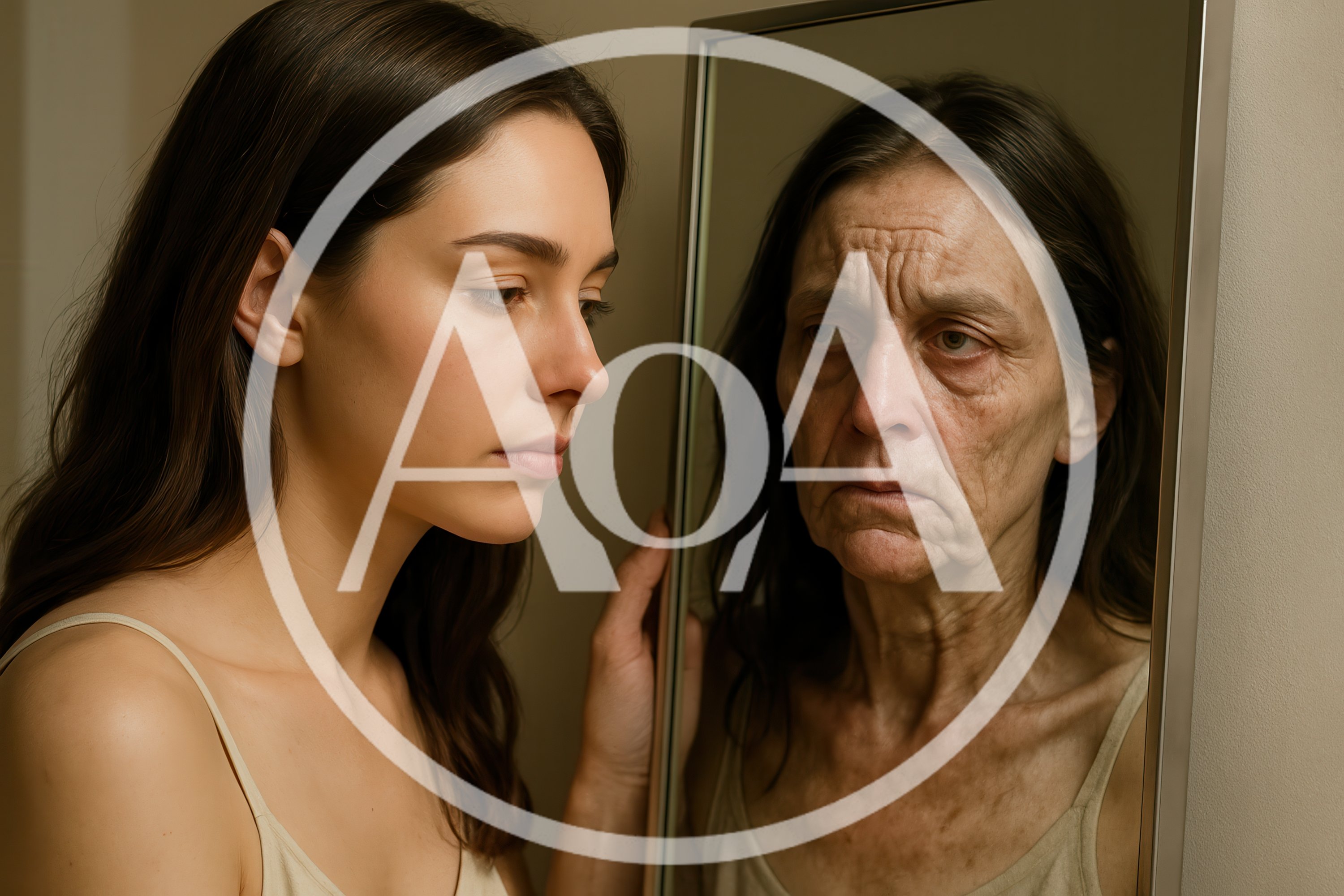 Young Woman Looking At Her Aged Reflection In Mirror