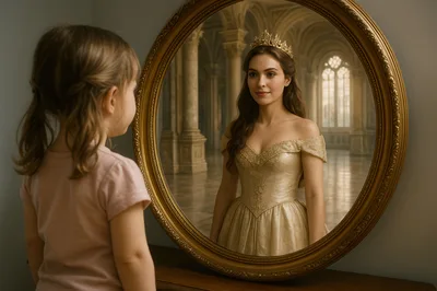 Little Girl Looking At Her Reflection As A Princess