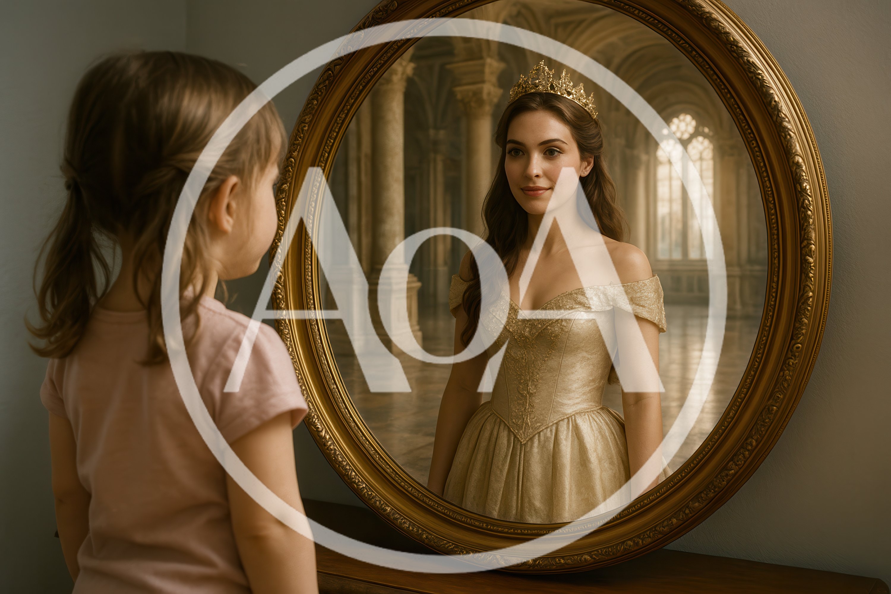 Little Girl Looking At Her Reflection As A Princess