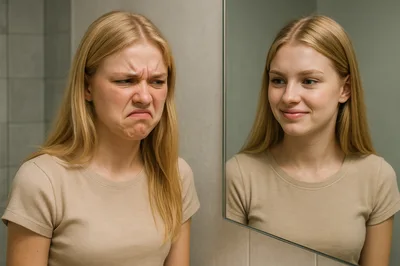 Young Woman Looking At Her Reflection In Bathroom Mirror