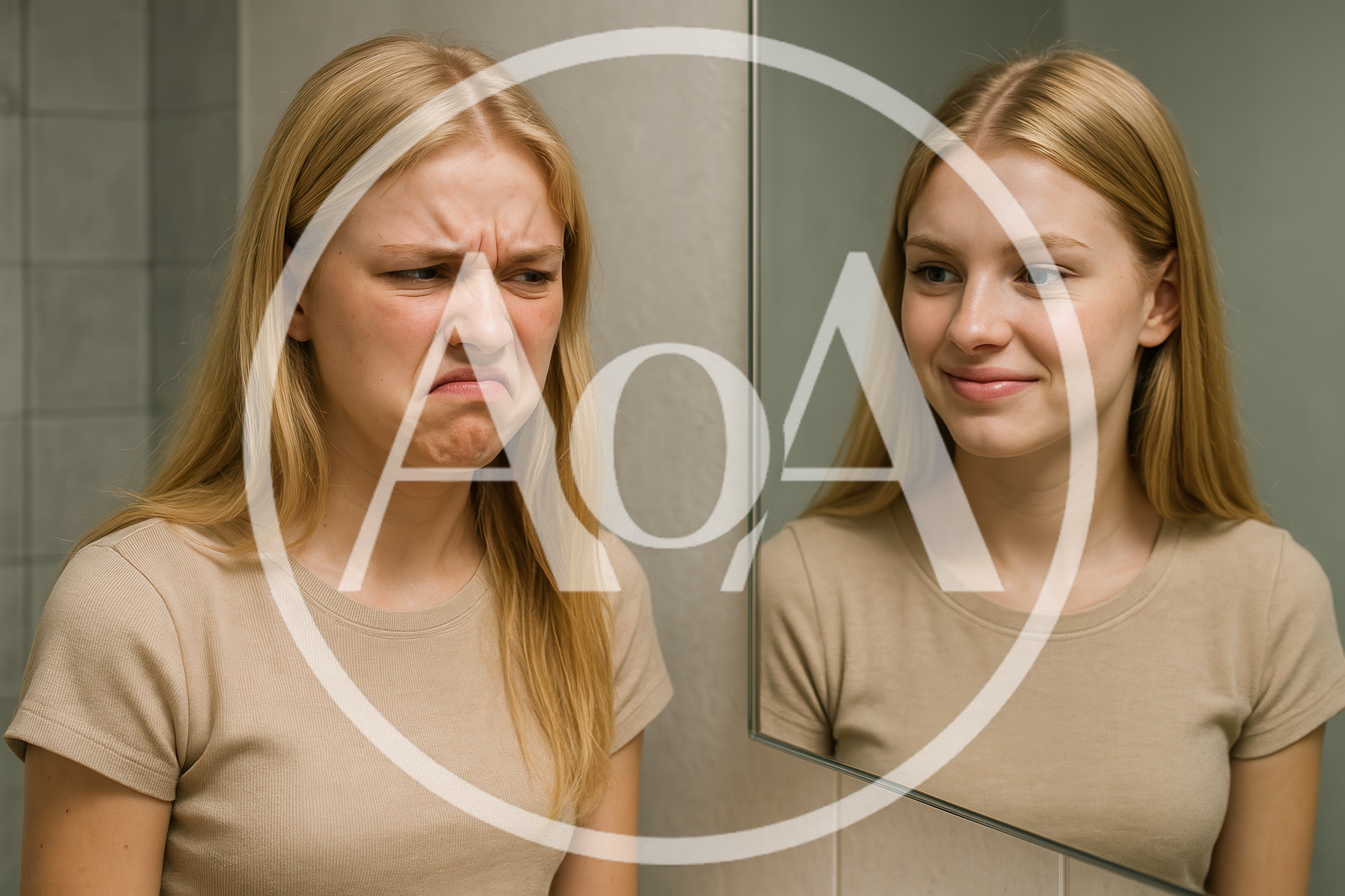 Young Woman Looking At Her Reflection In Bathroom Mirror
