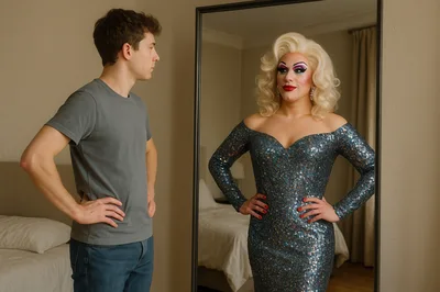 Young Man Looking At His Drag Queen Reflection