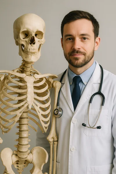 Male Doctor Standing Next To Human Skeleton Model