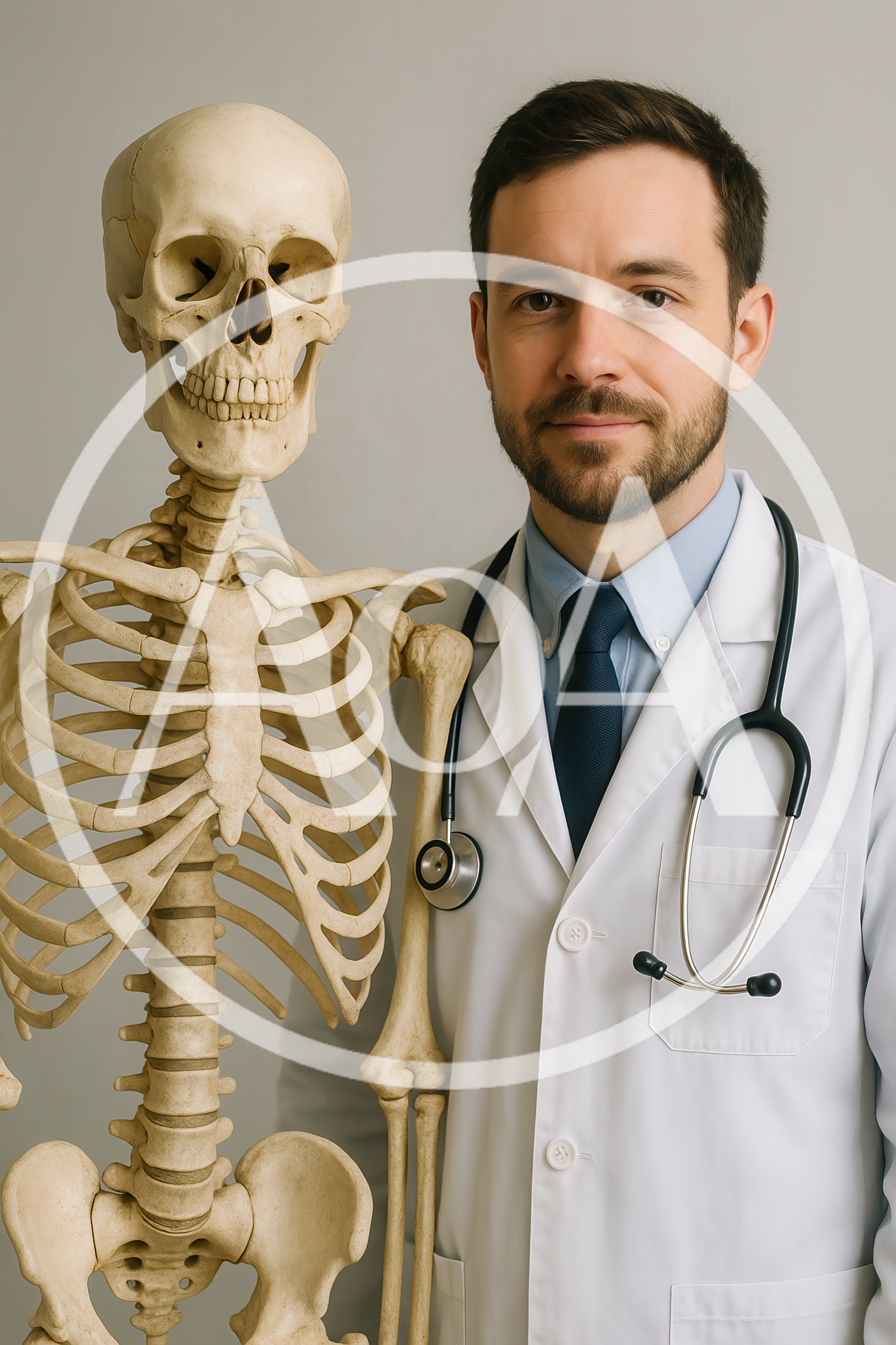 Male Doctor Standing Next To Human Skeleton Model