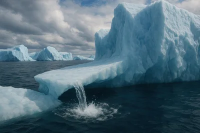 Melting Iceberg With Waterfall In Arctic Ocean