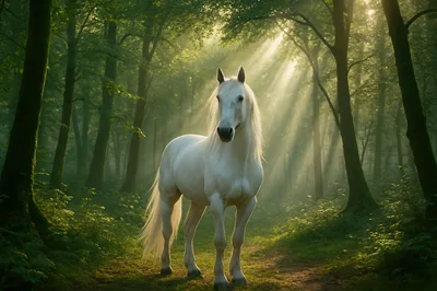 Majestic White Horse Standing In Sunlit Forest