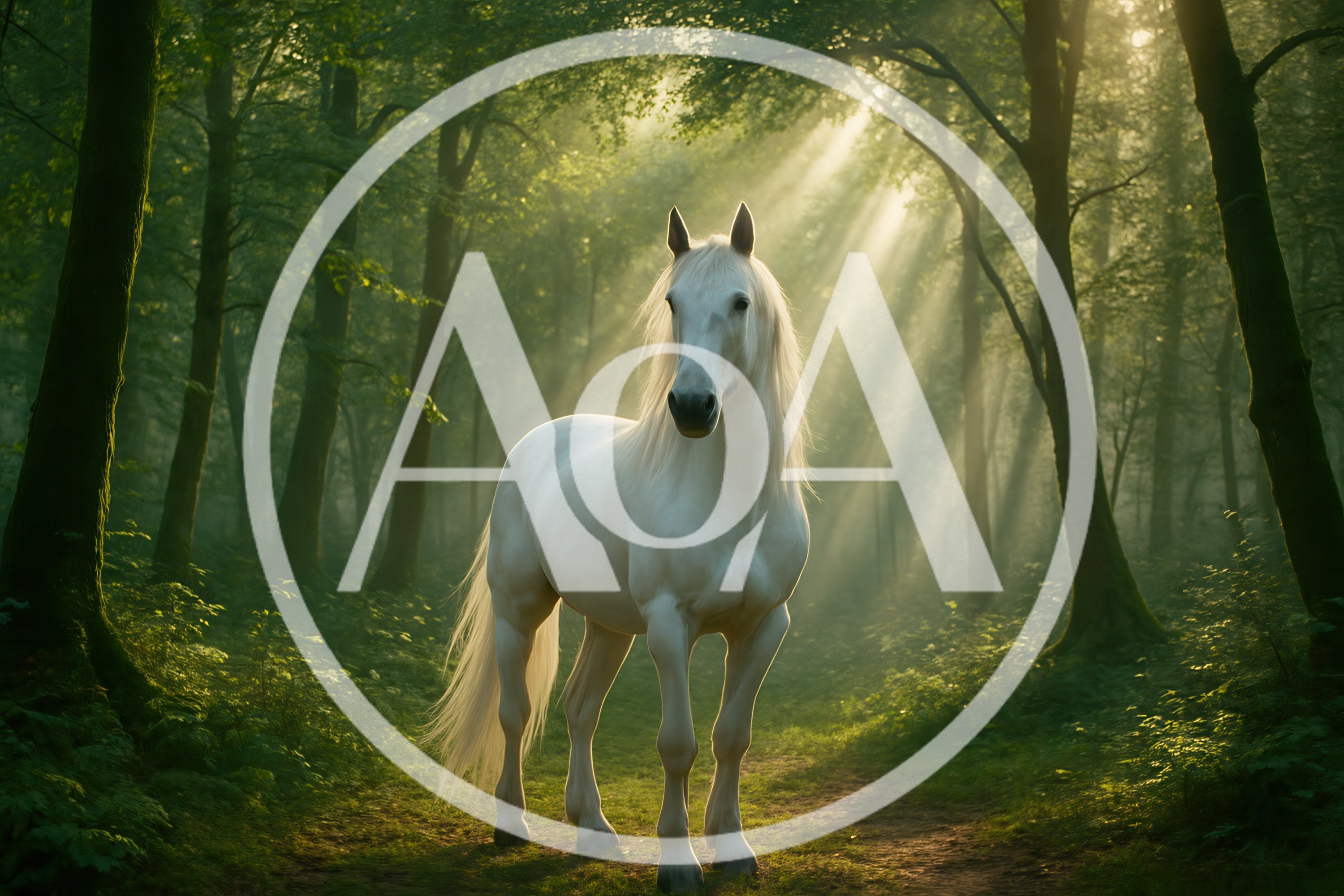 Majestic White Horse Standing In Sunlit Forest