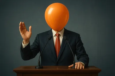 Businessman With An Orange Balloon Head Giving A Speech