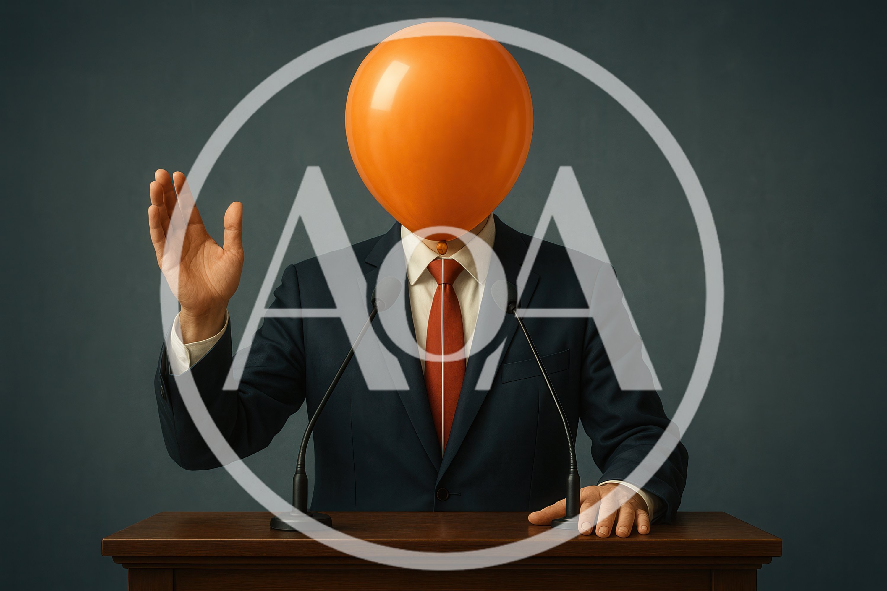 Businessman With An Orange Balloon Head Giving A Speech
