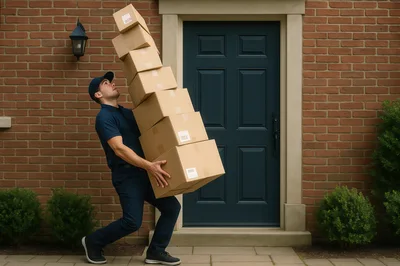 Delivery Driver Carrying A Tall Stack Of Cardboard Boxes