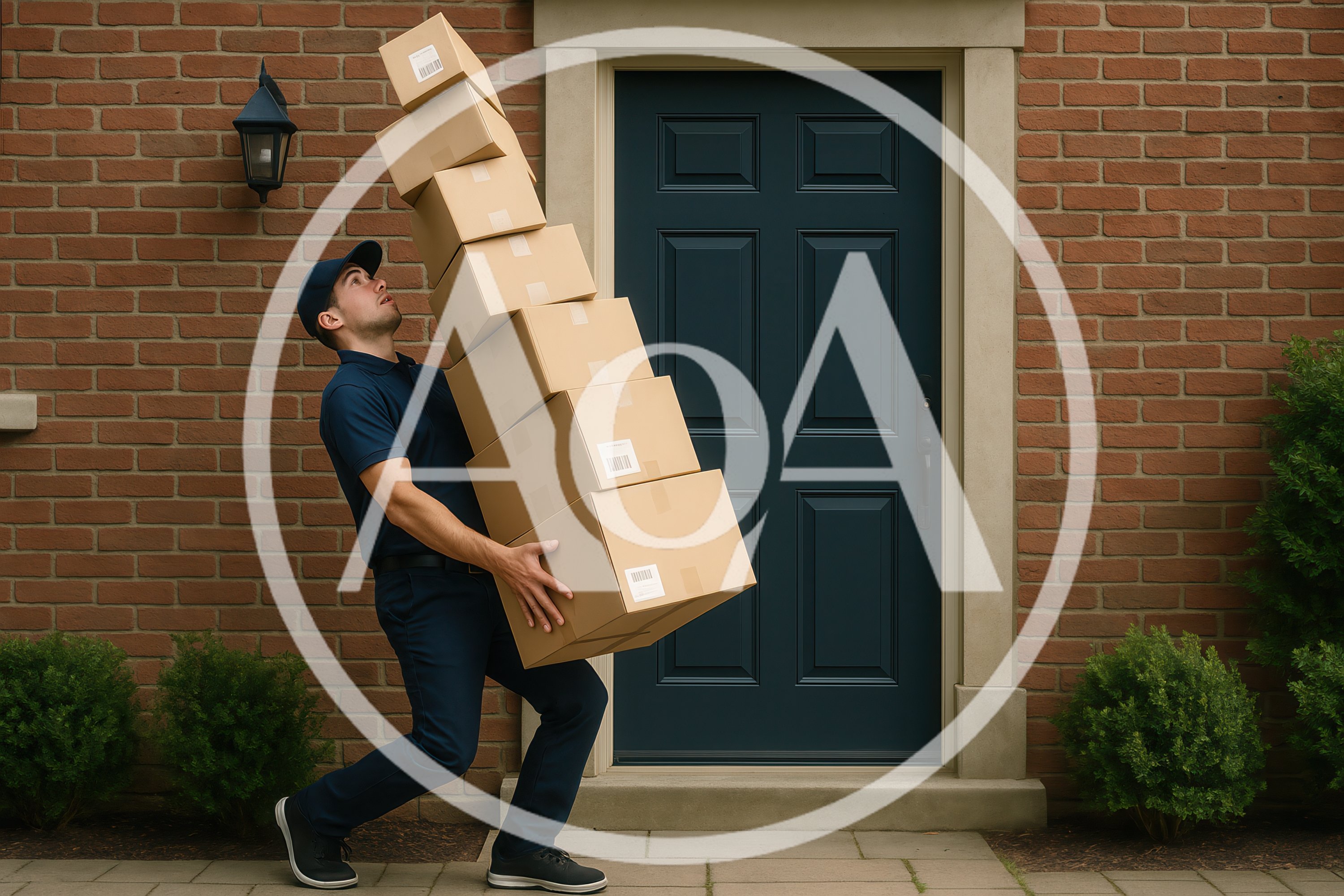 Delivery Driver Carrying A Tall Stack Of Cardboard Boxes