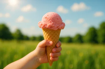 Child Holding A Strawberry Ice Cream Cone Outdoors