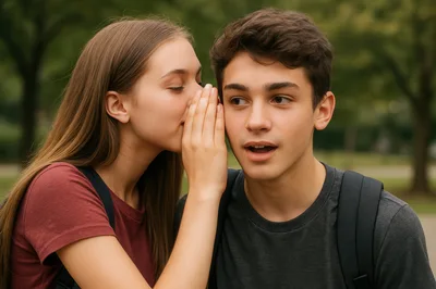 Teenage Girl Whispering Secret to Surprised Boy